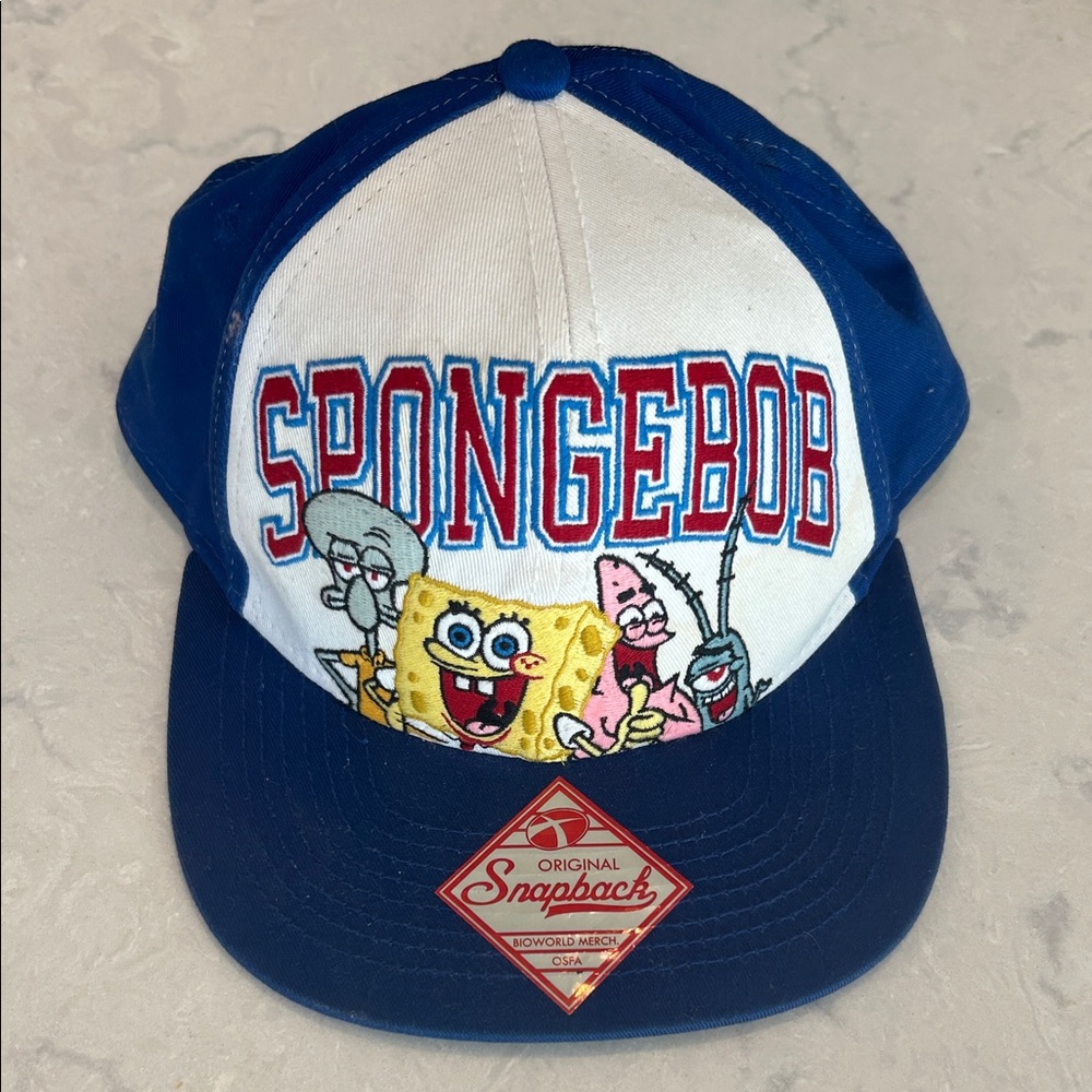 SpongeBob Blue and White Snapback Hat embroidered.